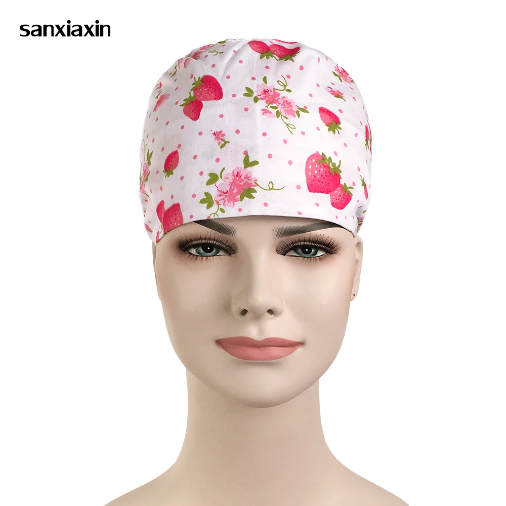 

Hospital Strawberry Printing Surgical Cap for Women Nurse Medical Hat Adjustable Tie Back Skull Surgical Work Medical cap Cotton