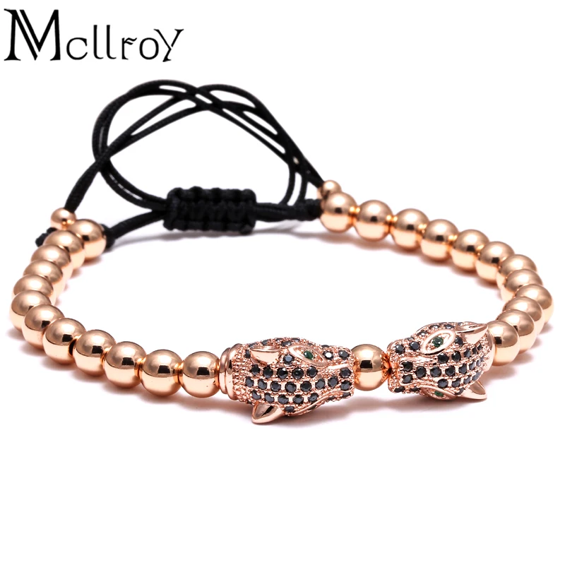 Baratos Mcllroy marca hombres pulseras cuentas redondas y cuentas de leopardo trenzado macramé Europeo Americano tejido pulseras para hombres