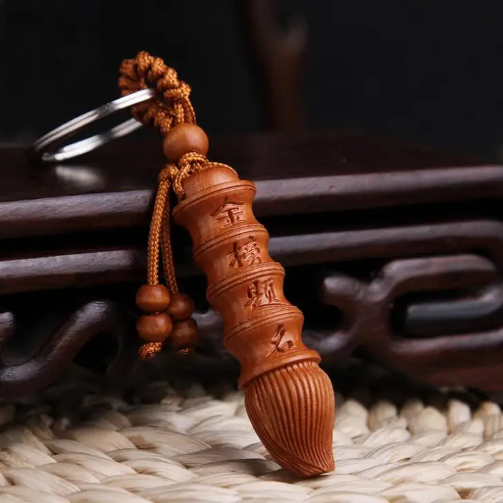 

Chinese Peach Wood Carved Pen Shape Pendant Examination Good Luck Word Exquisite Car Key Chain Pendant