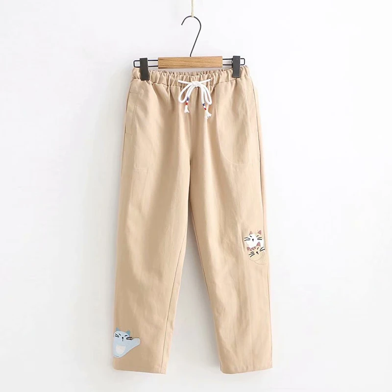 

Japan Mori girl sweet Simple lovely cat embroidery Elastic waist casual pants Straight Nine pants woman
