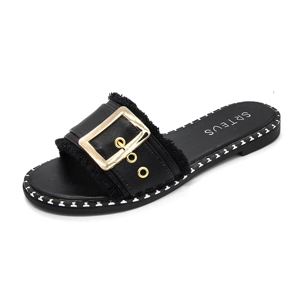 

SAGACE Women Flat-Bottom Female Elegant Flats Open-Toe Fashion classic Square Buckle slides Sandals Beach Shoes femme
