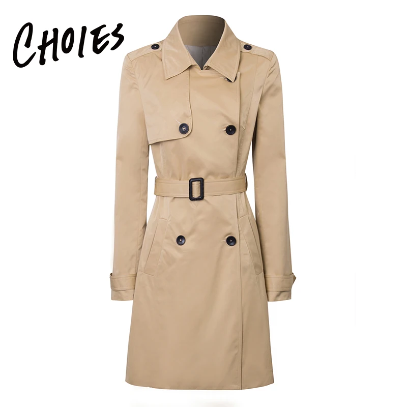 

Choies 2019 Spring New High Fashion Brand Khaki Woman Classic Double Breasted Trench Coat Waterproof Raincoat Business Outerwear