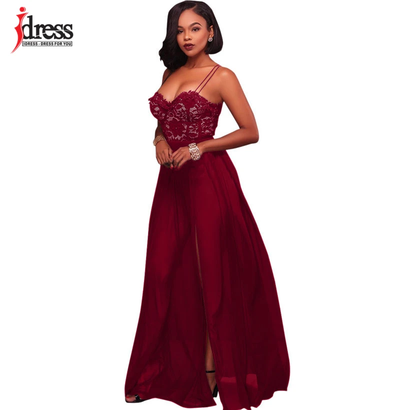 IDress 2017 Spaghetti Strap Black Lace Dress Women Party Elegant Floral Lace Chiffon Dress Floor Length Split Women Long Dress (16)