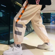 Корейские мужские модные полосатые штаны с принтом, отражающие легкую эластичная манжета, Свободные повседневные брюки с эластичной резинкой на талии M-2XL