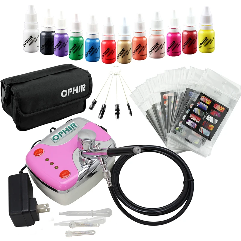Ophir 0.3mm Prego Kit com Compressor de ar 12 Tintas do Prego do Airbrush 20x Nail Art Stencils & Bolsa & Escova de Limpeza de Unhas Tools_op-na001p