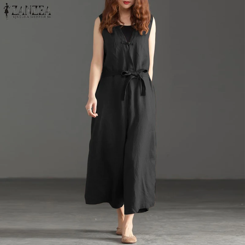 

Fashion ZANZEA Women Wide Leg Overalls Pants Summer V Neck Rompers Casual Sleeveless OL Jumpsuits Plus Size Female Work Playsuit
