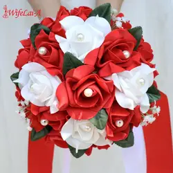 신부 들러리 다이아몬드 리본 부케 PE 지주 꽃 웨딩 부케 폼 크림 로즈 드 Mariage 웨딩 부케 FW007, 재고 있음