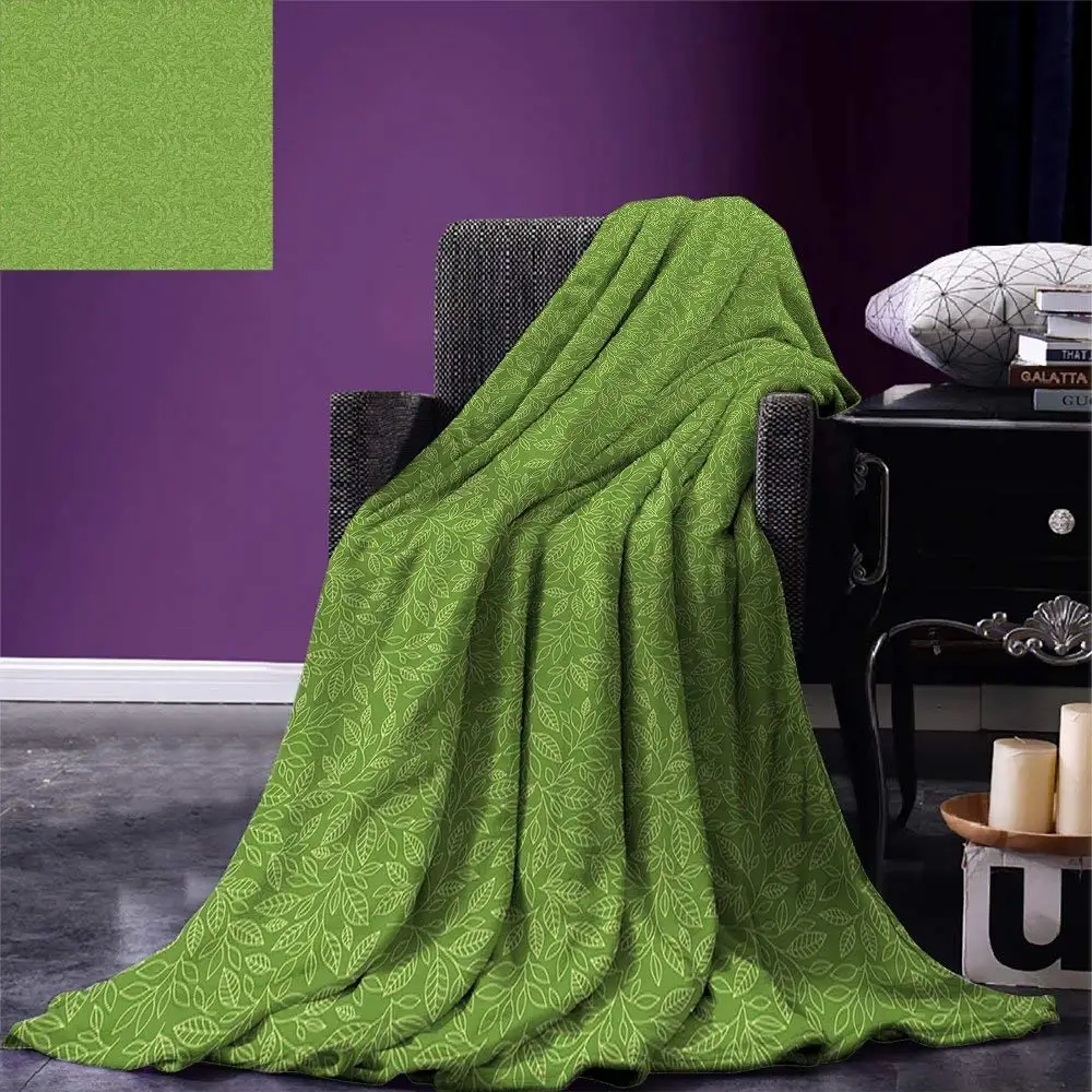 

Green Throw Blanket Pattern with Stylized Hand Drawn Leaves Grassland Growth Ecology Vegetation Warm Microfiber