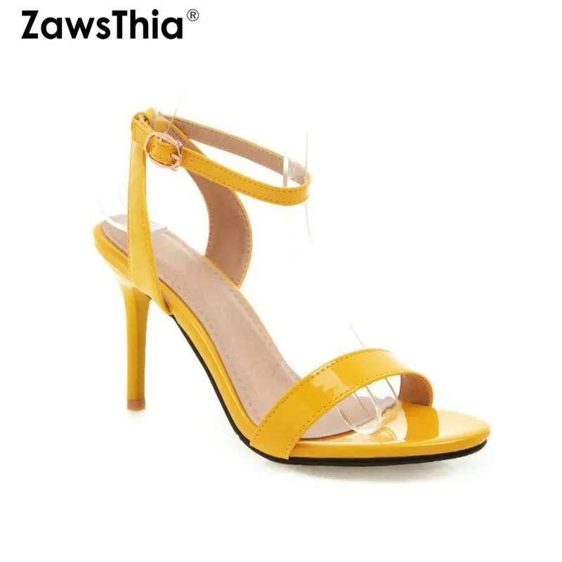 

ZawsThia 2019 Summer Patent PU Yellow White 9cm Thin High Heels Pumps Peep Toe Sexy Woman Wedding Shoes Sandals Big Size 33-50