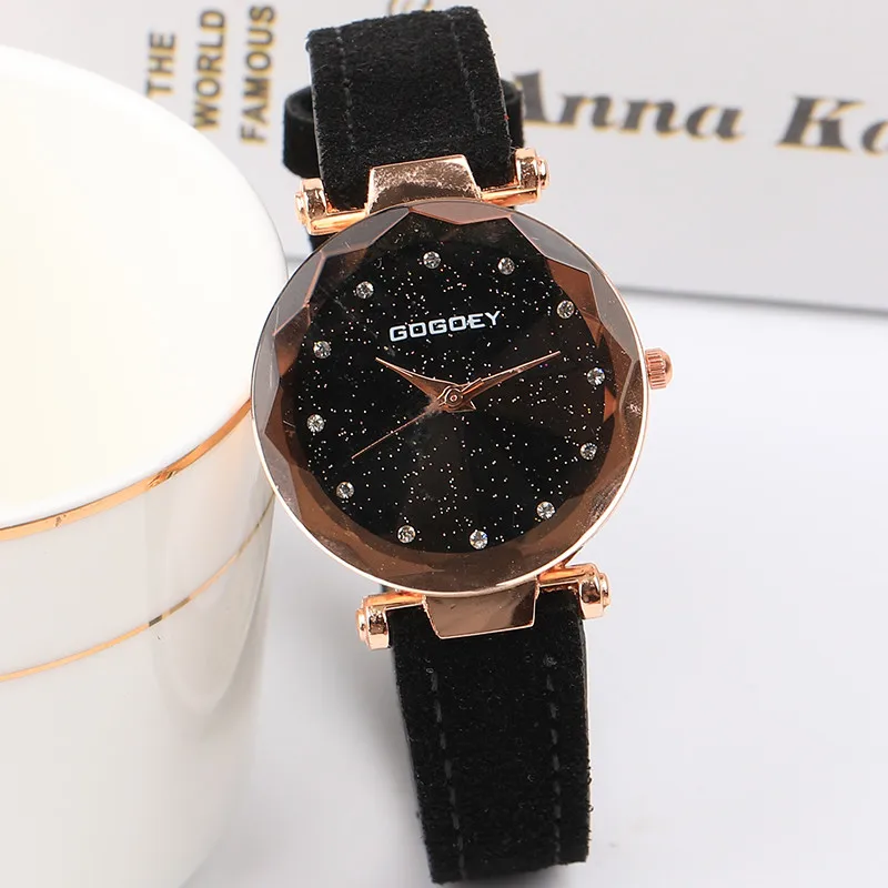 

Luxury Diamond Women Watches Fashion Rose Gold Ladies Dress Wristwatch Starry Star Design Leather Strap Quartz Watch Rhinestone