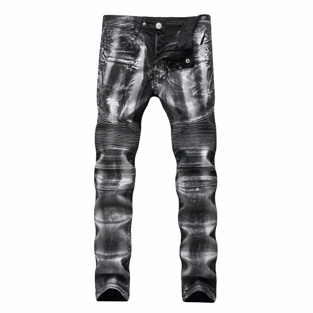 Men's Fashion Designer Ripped Biker Jeans Men Distressed Moto Denim Joggers Washed Pleated Jean Pants Black Blue White