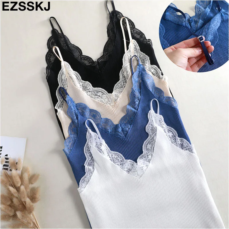 2019 Сексуальная основные кружевная майка Летние вязальный резервуар Топ Для женщин Регулируемый ремень бретели женские майки высокого эластичный Топ Повседневная купить на AliExpress