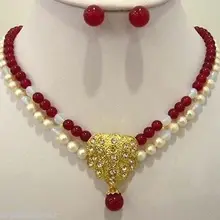 Натуральный 2 ряда красный драгоценный камень белый жемчуг Свадебная Подвеска для ожерелья и сережек набор тонкой покрытием Свадебные широкие часы крылья королева