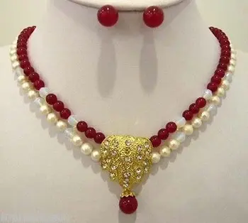 

natural 2 row red gem white pearl wedding necklace pendant earring set Fine Plated Bridal wide watch wings queen