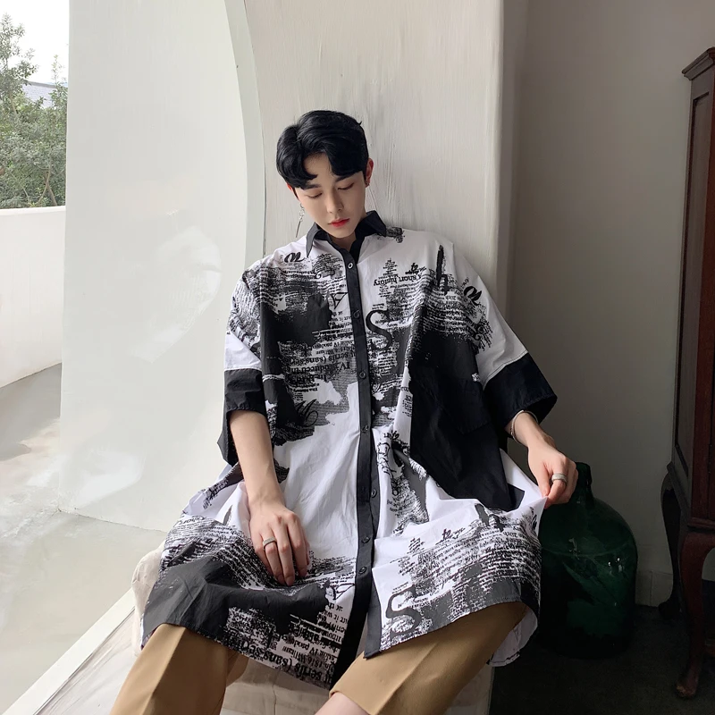 

Couple Shirt Men Summer Bat Short Sleeve Oversize Loose Casual Long Style Shirt Male Women Streetwear Hip Hop Dress Shirts