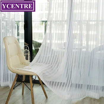 

YCENTRE White Strip Fresh Style Window Treatment Semi White Voile Tulle Sheer Curtain for Living Room,Kitchen Drape for Bedroom
