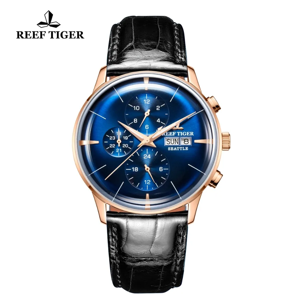 Мужские наручные часы Reef Tiger/RT Роскошные с синим циферблатом и двойным календарем