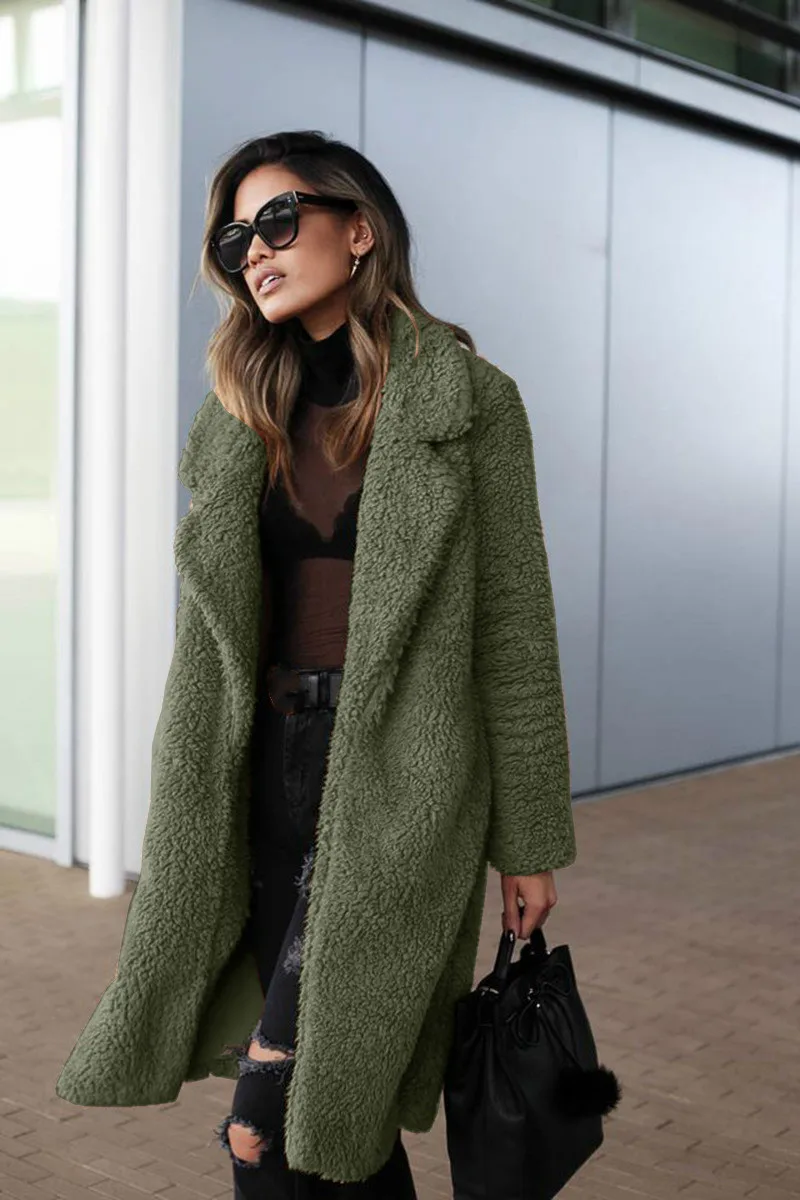 

Hot sale Women Faux Fur Teddy Army Green Coat 2019 Winter Spring Thick Warm Fluffy Long Fur Coats Lapel Shaggy Jackets Overcoat