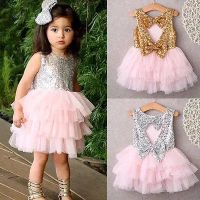 Baby Flower Girl Dress Sequin Bow Backless Party Gown Formal Dresses Tutu Princess dress Girls Age 2-6T Gold Silver