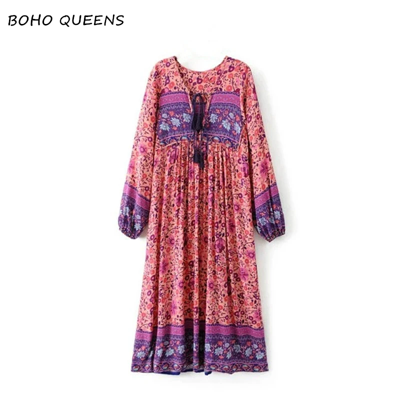 

Boho chic women vintage Floral print bat sleeve beach lace-up Bohemian long dress Ladies V neck Summer maxi dress vestido