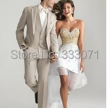 Изготовленные на заказ бежевые смокинги для жениха с двумя кнопками, с отворотом, шафер жених, мужские свадебные костюмы, Жених(куртка+ брюки+ галстук+ жилет