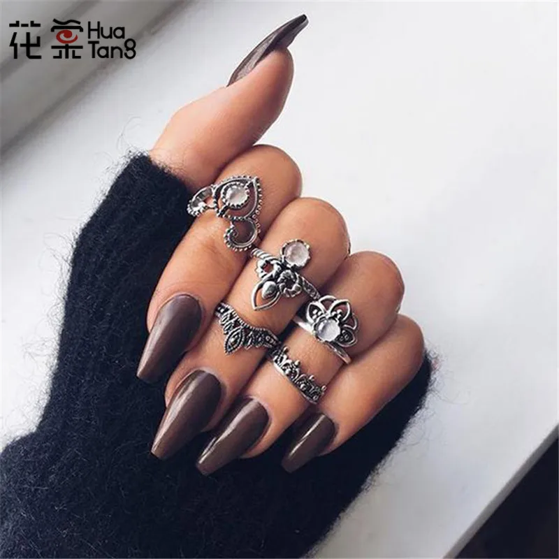 

HuaTang 5 Pcs/Set Antique Silver Crystal Flower Ring Steampunk Geometric Carved Knuckle Midi Finger Anel Rings For Women 5988