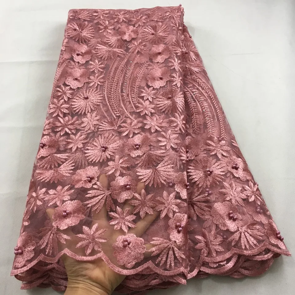 

Fashion African Lace Fabric High Quality Peach Lace nigerian lace fabric 2019 high quality lace With Beaded Stoned 5yards Hx09A