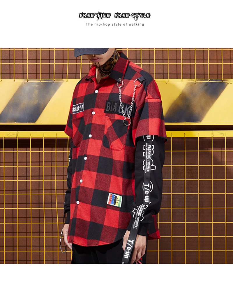 Red And Black Plaid Patchwork Shirt Men  (3)
