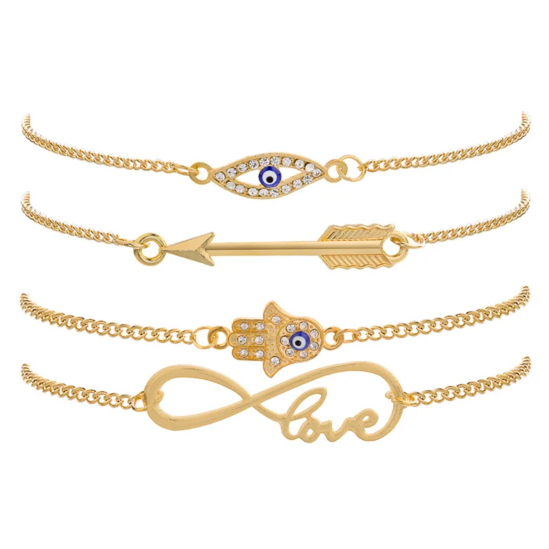 

4 Pcs/Set Gold Link Chain Fatima Hand Evil Eye Charm Bracelet Bangles Infinity Symbol Arrow Braclets Girls Jewelry Accessories
