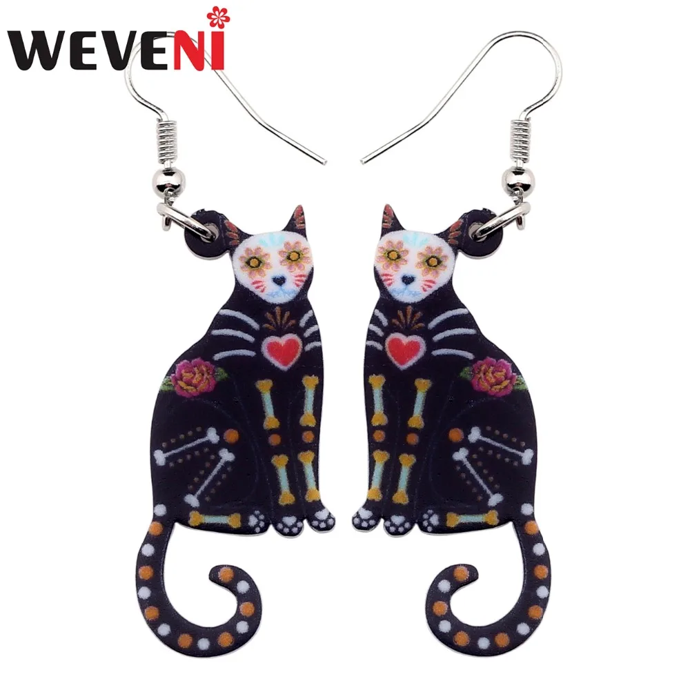 

WEVENI Acrylic Halloween Floral Elegant Kitten Cat Earrings Big Long Drop Dangle Animal Jewelry For Girl Women Ladies Teens Gift