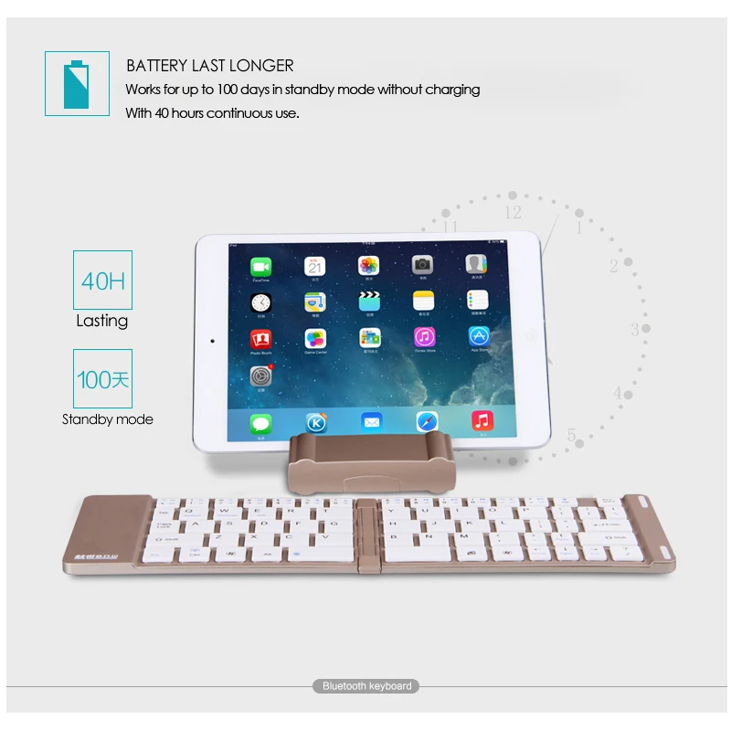 B. O. W мини-клавиатура, Беспроводная bluetooth складная алюминиевая клавиатура с подставкой для планшетов телефона, Автоматическое включение/выключение