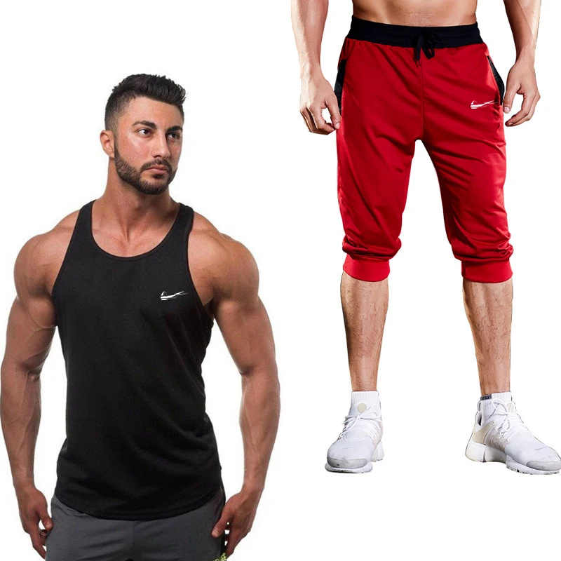 2019 new fashion single line backpack bodybuilding stringer vest casual tank vest men's Bermuda shorts new stitching shorts