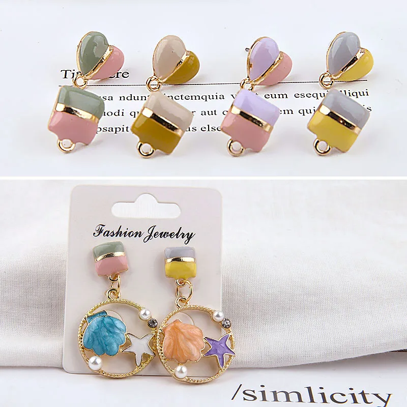 

10pcs enamel square heart charm Earrings Dripping oil Ear Studs Connector Posts Pins Base Settings Jewelry handmade DIY material