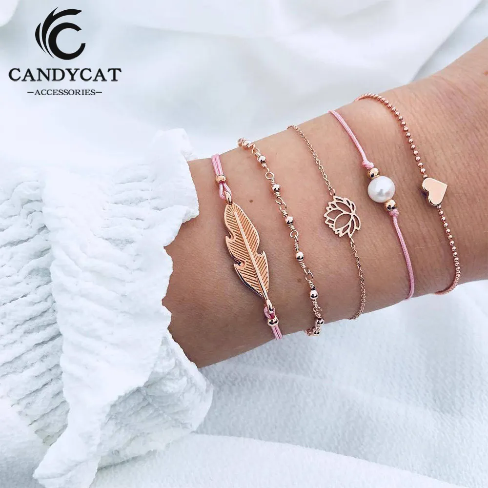 

Heart Gold Color Pink Rope Beads Chain Bracelets Set Fashion Charm Bracelets for Women Friendship Bracelets Jewelry Accessories