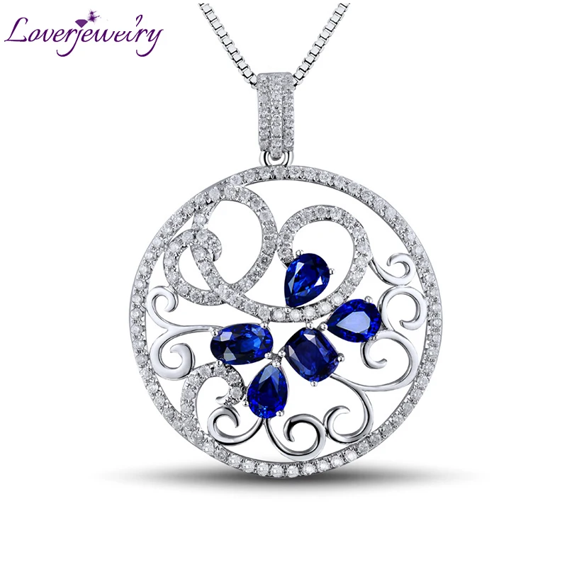 LOVERJEWELRY подвески для женщин голубой сапфир алмазный кулон чистое 18K Белое Золото