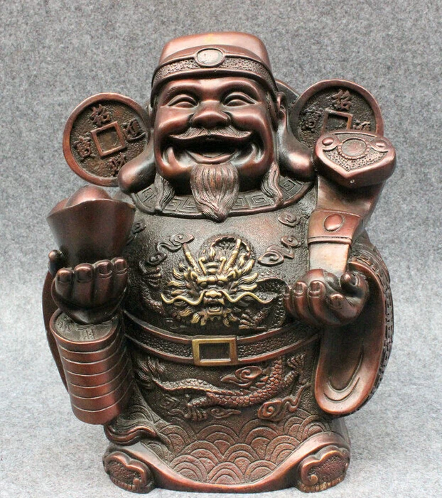 

11" Chinese Pure Bronze Dragon Head Mammon Wealth God Hold RuYi YuanBao Statue