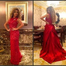 Аравия Muslism Myriam Fares Платье Экипаж A-Line Этаж Длина Кружева Вечерние Знаменитости Платья Со съемной Поезд