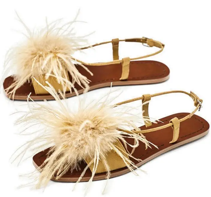 

Moraima Snc Summer Sexy Open Toe Flat Sandals Beautiful Feather Decorations Buckle Strap Gladiator Shoes Woman Cutouts Sandal
