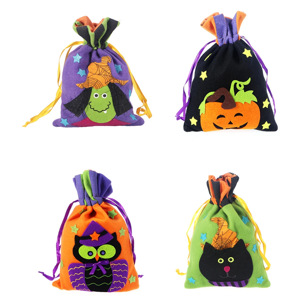 4Pcs Drawstring Cute Candy Trick or Treat Bag Pouch Cartoon Halloween