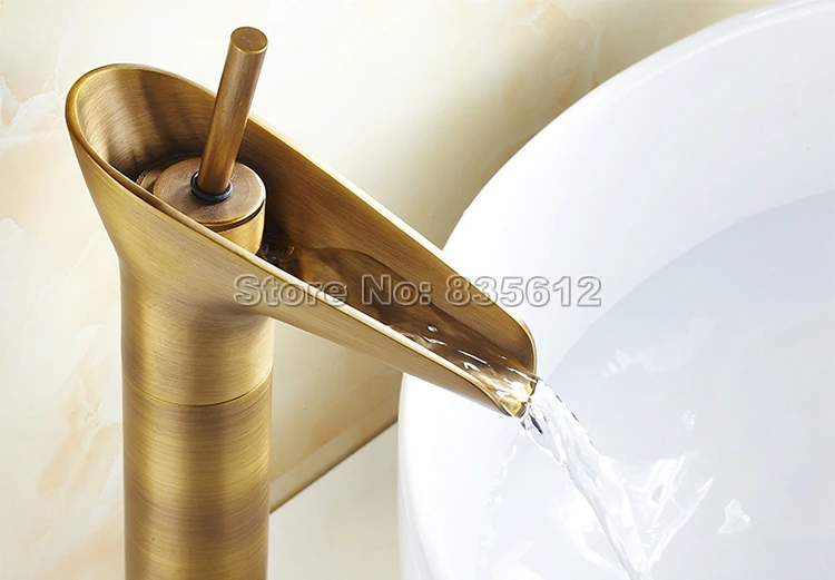 

Waterfall Spout Antique Brass Bathroom Faucet Vessel Sink Mixer Basin Faucets Single Handles Taps Wnf067