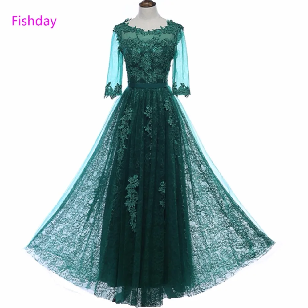 Fishday Green Half Sleeve Appliques Evening Dresses Beaded