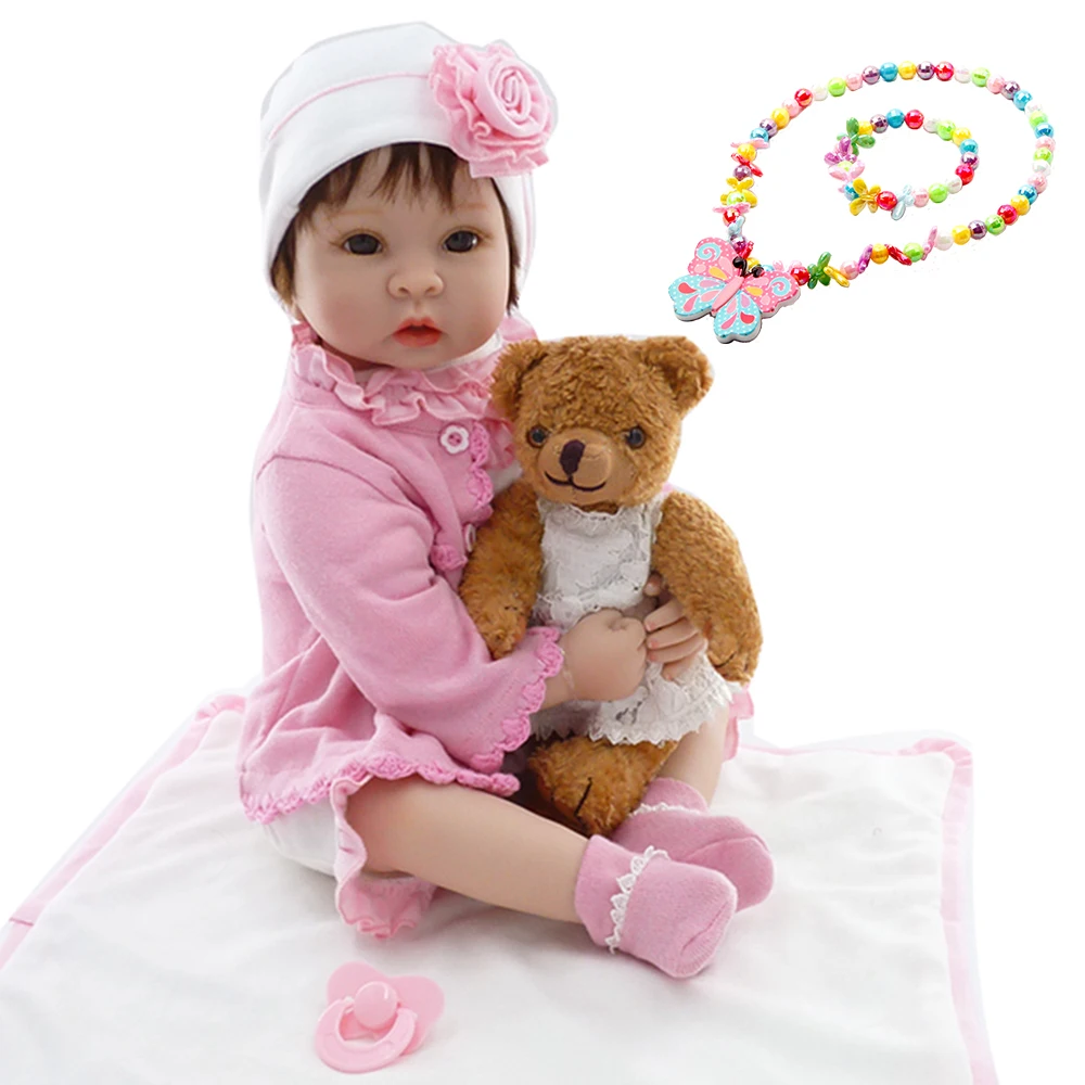 

22" girl doll reborn soft silicone reborn babies with bear doll fashion children gift dolls toys bebes bonecas menina