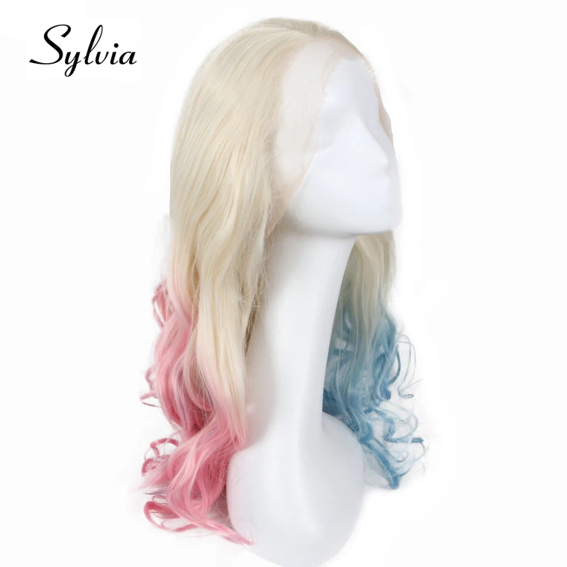 Sylvia платиновый блондин Омбре половина розовый/половина синий тело волна синтетические кружева передние парики натуральный Косплей термостойкие волокна волос
