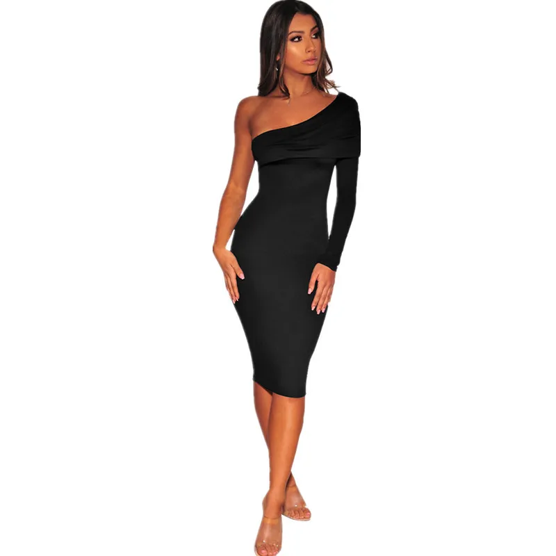 

2019 Summer Women Sexy Party Club Dresses Long Sleeve One Shoulder Ruffles Bodycon Dress Female Casual Black White Pencil Dress