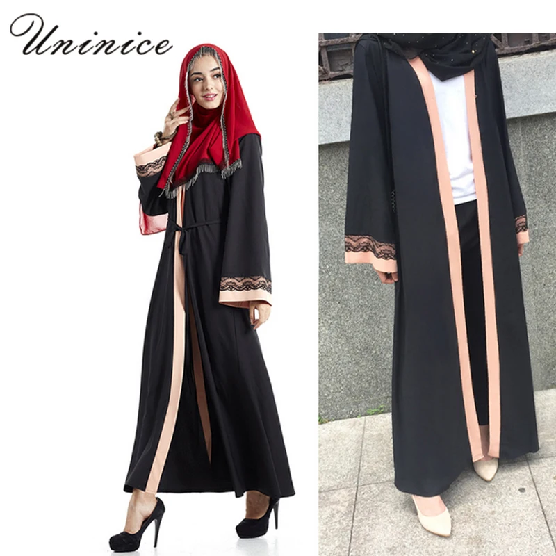 Elegant Islamic Open Abaya Muslim Maxi Dress Cardigan Lace Style Long ...