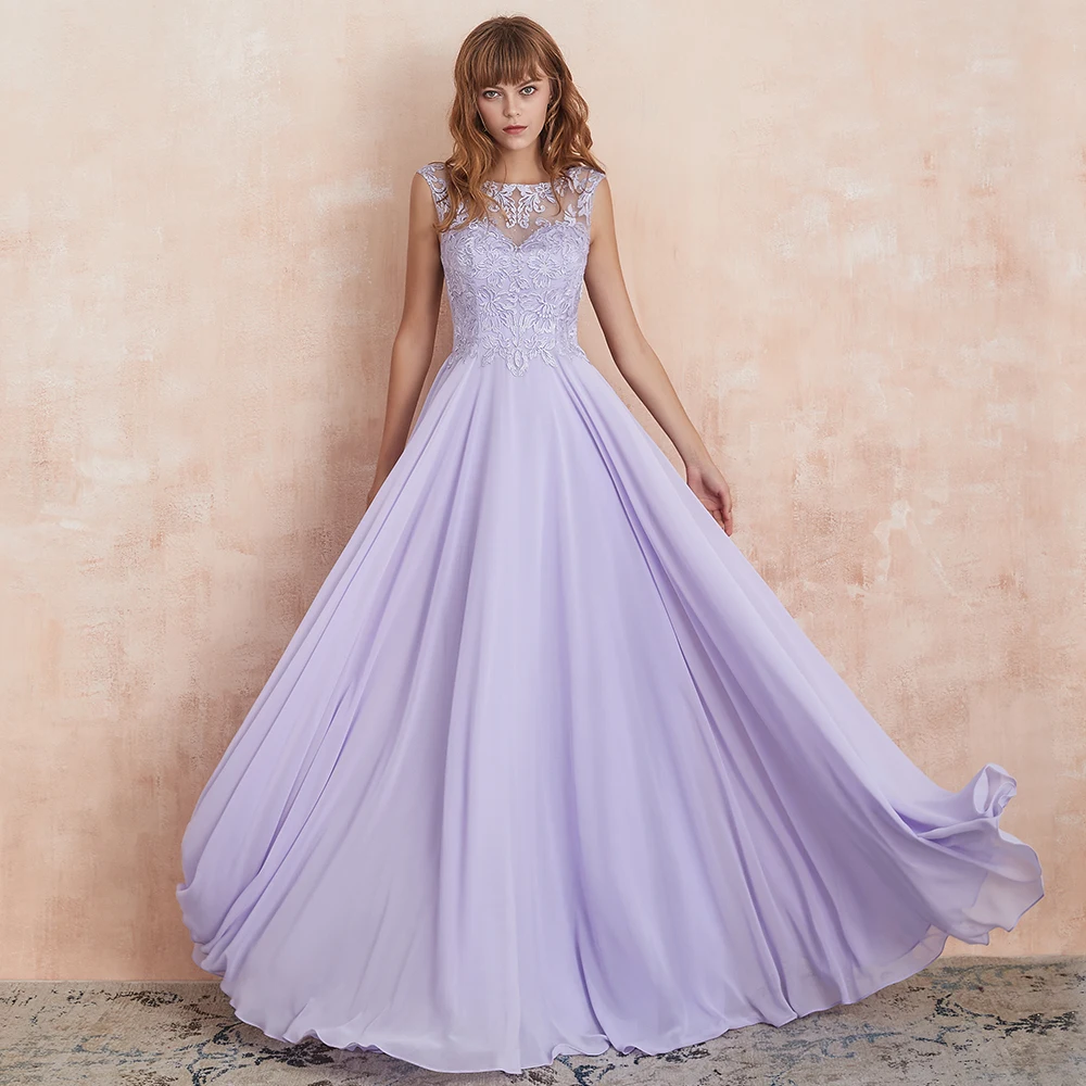 

VKbridal Tank Top Illusion neck Chiffon Prom Wedding Party Gowns with Crystal Backless A-Line Lace Bridesmaid Dresses Long 2019