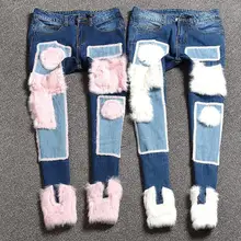 Женские джинсы, весна-зима, Европейский стиль, для девушек, новая мода, кроличья шерсть, сшитые, прямые, джинсовые штаны