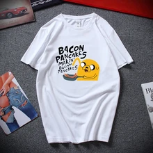 Модная Стильная хлопковая футболка с короткими рукавами с изображением Джейка и Финна панкейки с беконом, черно-белая футболка