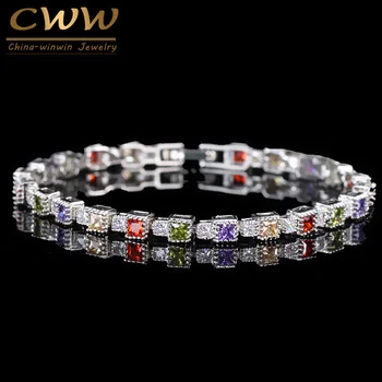 

CWWZircons New Fashion Wedding Party Jewelry Perfect Princess Cut Multi Color Cubic Zirconia Bracelets Bangles For Women CB093