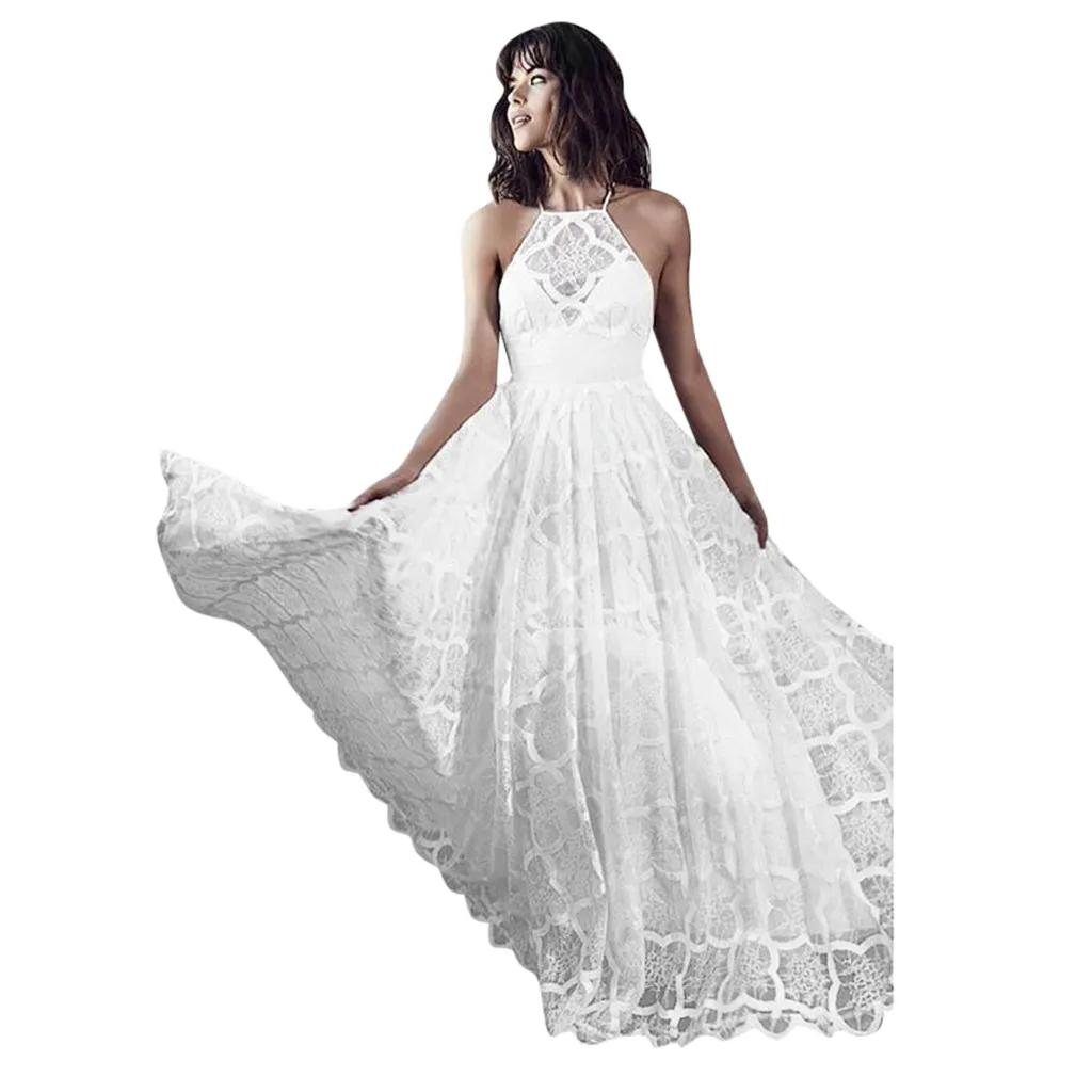 Новое Сексуальное Белое длинное платье для женщин без рукавов с лямкой на шее, белое платье принцессы с цветочным принтом, Платье макси с открытой спиной, Vestido De Noiva